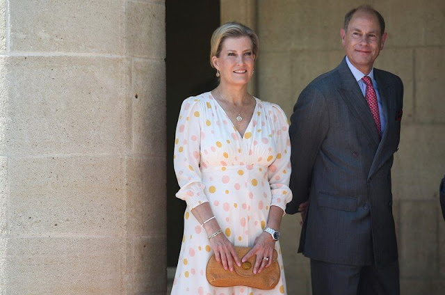The Countess wore a beige amanda belted maxi dress by ARoss Girl x Soler, and cora polka-dot classic silk tea dress by Suzannah