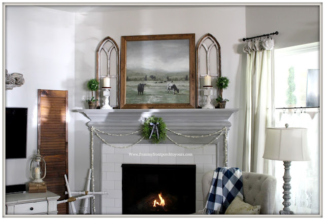 French Country Farmhouse Fireplace-Arched Window-Cow Artwork-Button Garland-Vintage Style-Buffalo Check-From My Front Porch To Yours