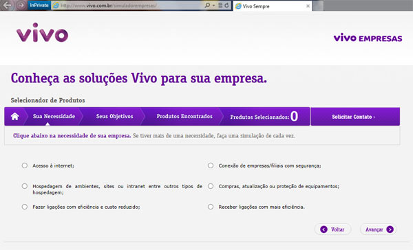 Tela inicial da simulação para identificar soluções Vivo para a sua empresa