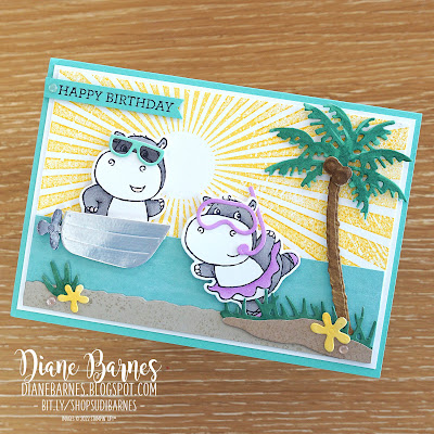 Handmade fun beach scene card using Stampin' Up! free Sale-a-bration Hippest Hippos stamp set and Hippos dies, Rays of Light stamp, and Palms dies. Cards by Di Barnes - Independent Demonstrator in Sydney Australia - Stampin up cards - colourmehappy - cardmaking