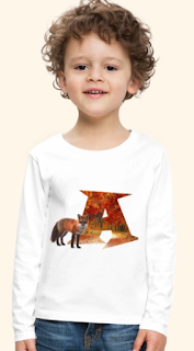 Kinder Langarm-Shirt mit Buchstabe A aus Herbstwald mit Fuchs. Romantische Idylle - genau das richtige Geschenk zum Kindergeburtstag