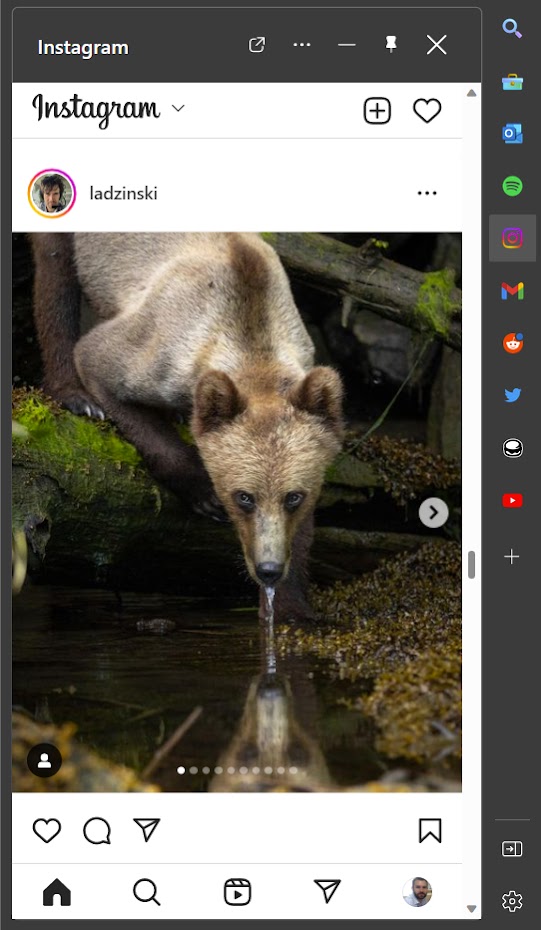 Instagram loaded in the Microsoft Edge sidebar