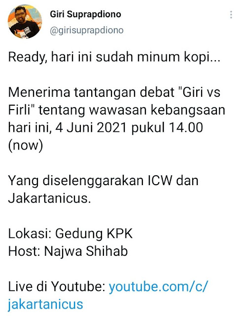 Hari Ini Debat Direktur KPK dengan Firli Dipandu Najwa Shihab