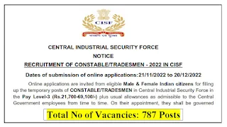 CISF Recruitment 2022 787 Constable/Tradesmen Posts