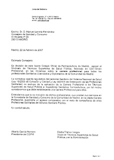 Carta (22/02/07) del Presidente del COFM al Consejero de Sanidad y Consumo apoyando la Carrera Profesional para la Inspección Sanitaria. Clic para aumentar la imagen.