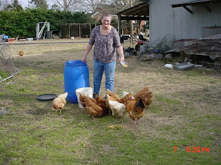 Sheryl with her chickens