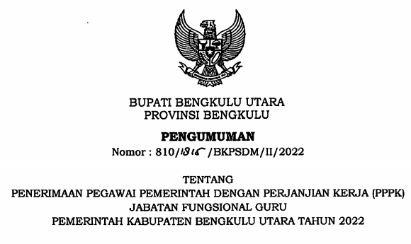 Rincian Formasi ASN PPPK Kabupaten Bengkulu Utara Tahun 2022