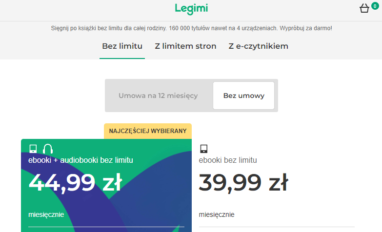 Ceny abonamentu Legimi ebooki + audiobooki w wersji bez umowy przed podwyżką, źródło: Legimi.pl