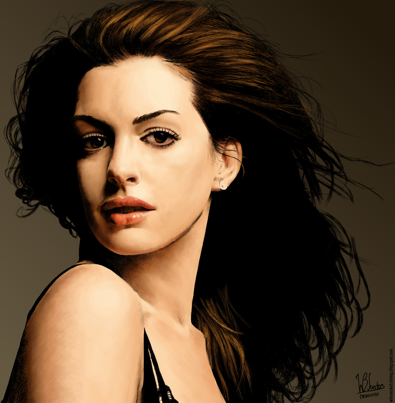 Colored ink drawing of Anne Hathaway, using Krita 2.5.