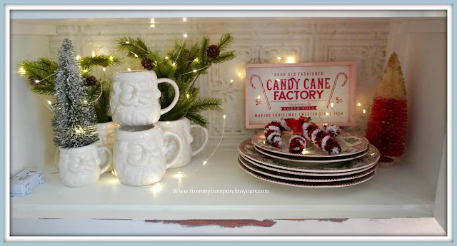 French -Farmhouse -Cottage -White -Dining -Room -Cabinet-Christmas -Vignettes-White-Santa-Mugs-From My Front Porch To Yours