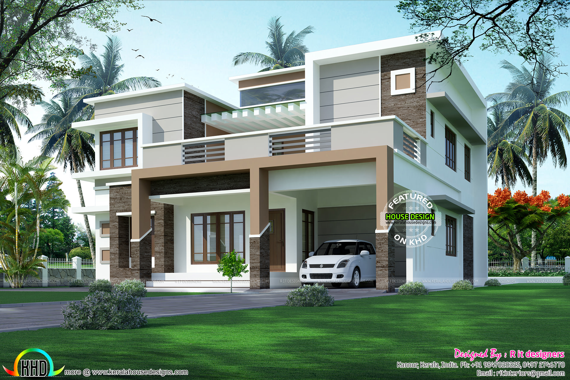 Modern flat roof sober colored home Kerala home design 