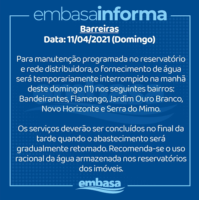 Embasa anuncia falta de água neste domingo em Barreiras