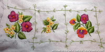 Three completed elements from a Duftin table runner. House of Embroidery variegated threads were added.