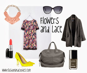flowers and lace dress, neon yellow pumps, Givenchy Nightingale, Fashion and Cookies, fashion blogger