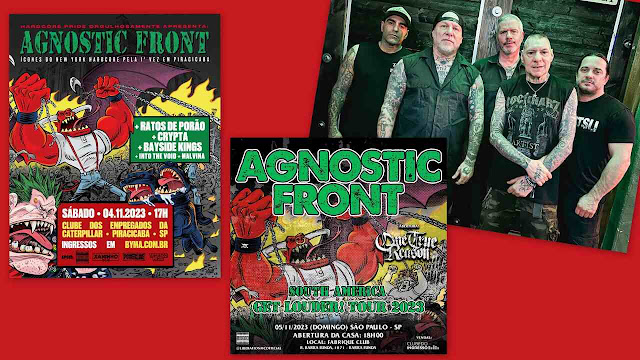 Banda Agnostic Front e cartazes sobre shows em Piracicaba e São Paulo.