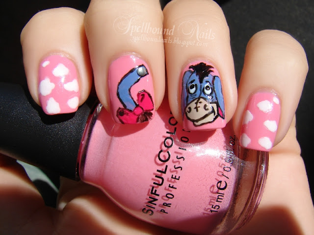 nails nailart nail art mani manicure Spellbound ABC Challenge E Eeyore Born Pretty Store metal studs clouds Sinful Colors Beautiful Girl freehand tail blue China Glaze First Mate Revlon Bare Bones bow hot black Winnie the Pooh