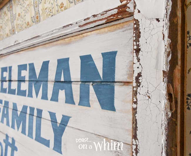 Chippy White Window Framing a New Cottage Sign  | Denise on a Whim