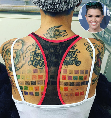 Ruby Rose with Pose of Giant Pantone Gorgeous Tattoo on her Spinal