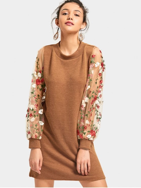 Mesh Panel Floral Mini Knitted Dress