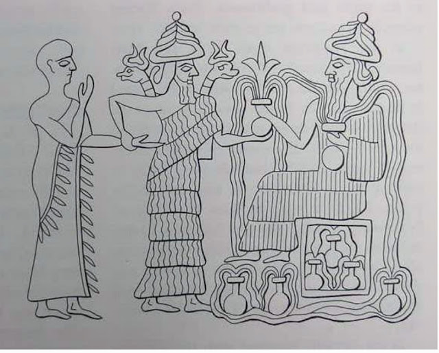 Нингишзида (средняя фигура) приносит Адапу из Эриду Ану (на троне справа)