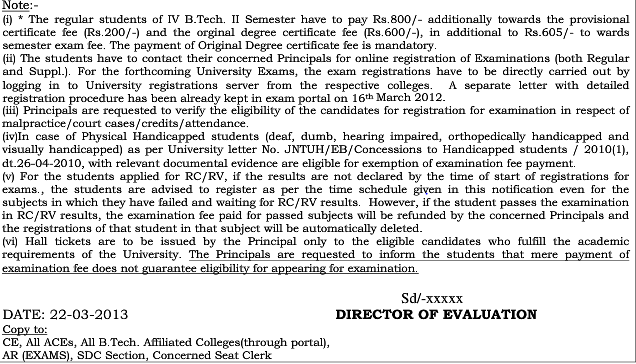 Jntu Hyd Btech  4-2 Regular, Supple Exam Fee Notification 2013