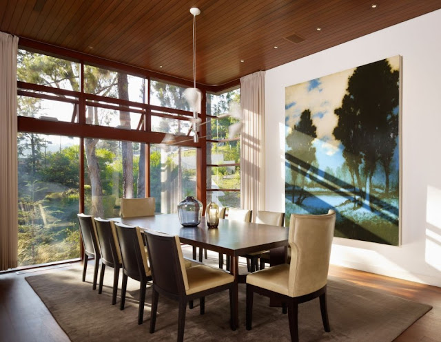 Dining room with high ceiling 
