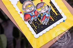 Sunny Studio Stamps: Super Duper Cityscape Border Comic Strip Speech Bubble Dies Fluffy Clouds Border Dies Super Hero Themed Cards by Eloise Blue