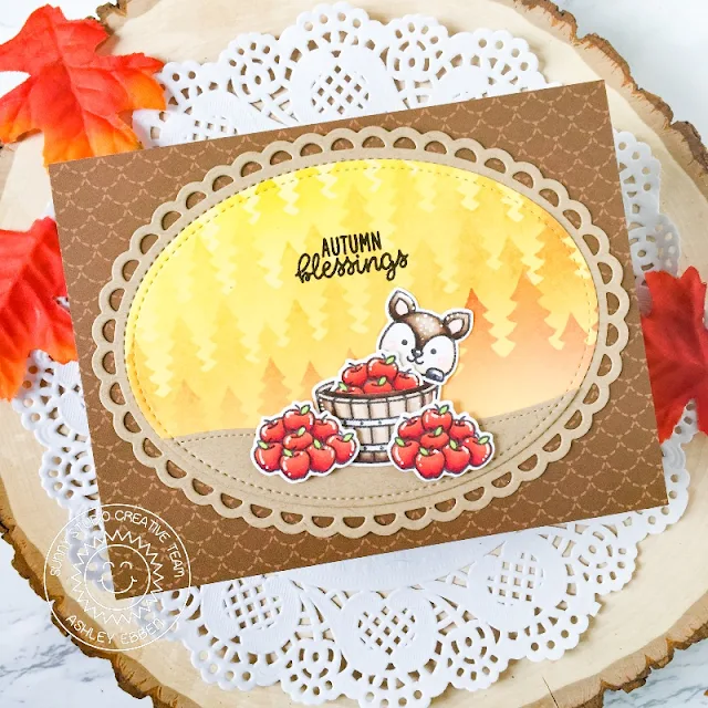 Sunny Studio Stamps: Stitched Oval Dies Scalloped Oval Forest Tree Stencil Fall Friends Fall Card by Ashley Ebben