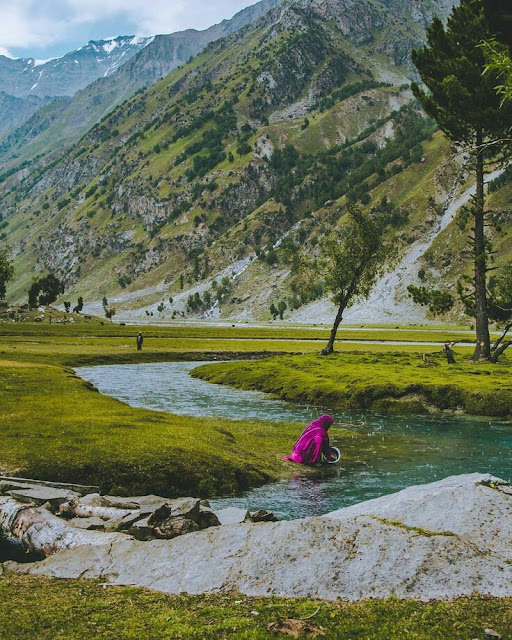A Lady washing dishes with cold water in Naltar Valley 