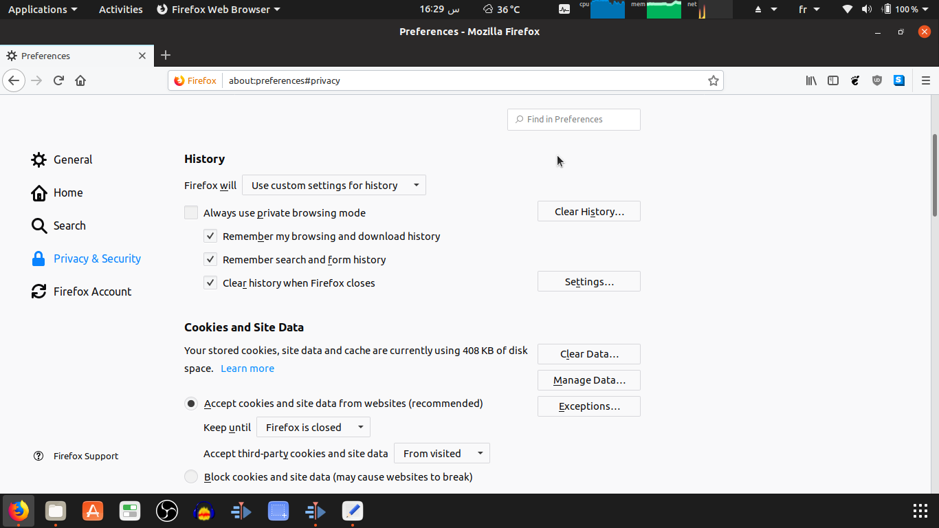 Configure the history and cookies preferences