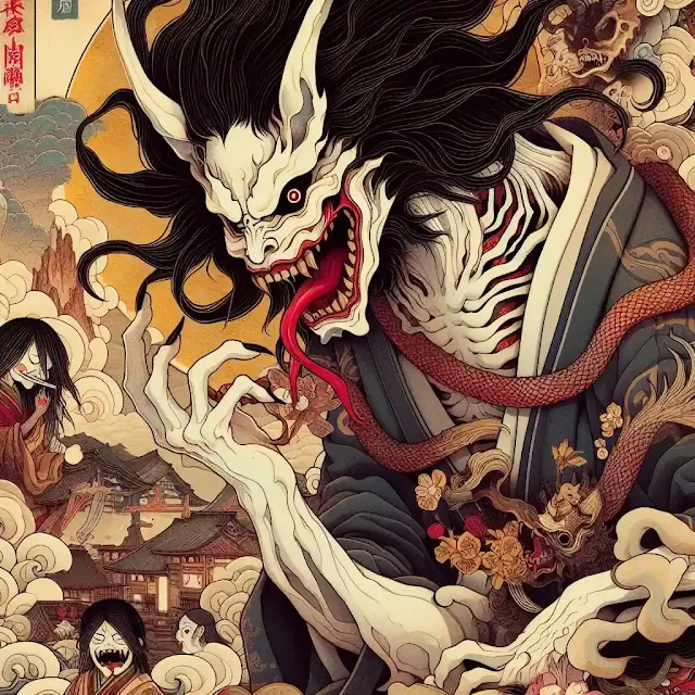 Yōkai pintados no estilo de Hokusai e outros artistas japoneses antigos, mas com um toque moderno de mangá e anime sombrio