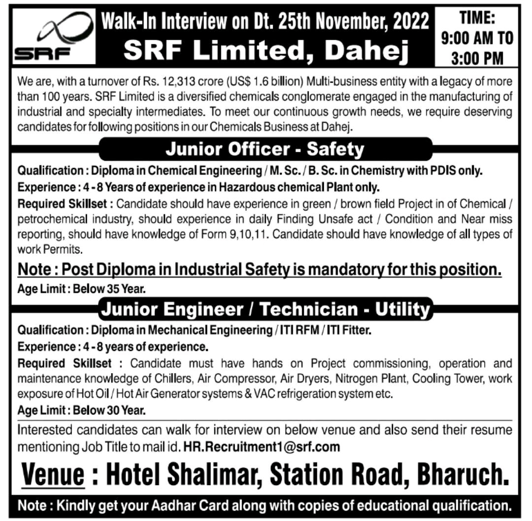 Job Availables, SRF Ltd Walk In Interview For Diploma Chemical/ BSc/ MSc/ PDIS/ Mechanical - Safety/ Utility Department