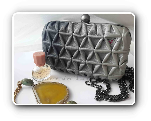 Suede by Devina Juneja, shaded triangle weave box clutch, silver gray, clutch for silver outfits