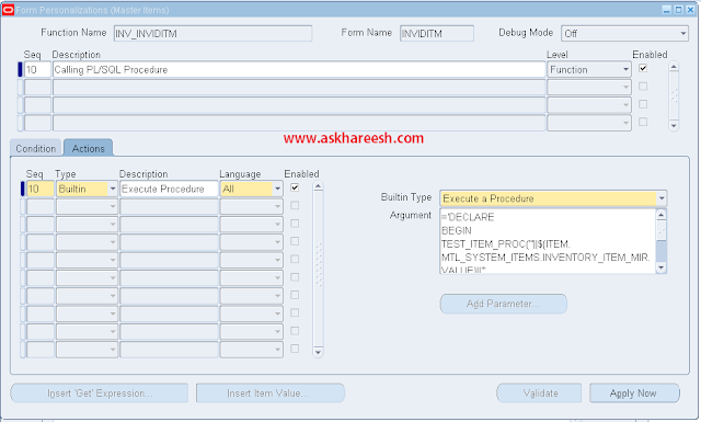 Form Personalization : Calling PL/SQL Procedure