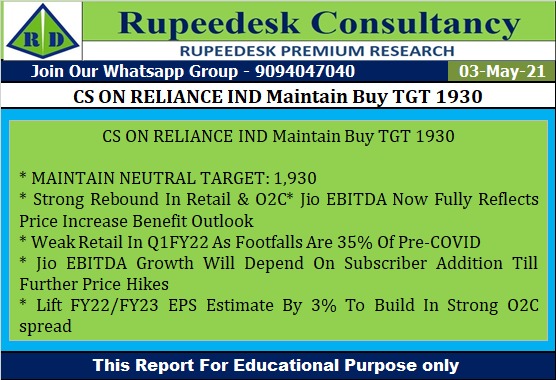 CS ON RELIANCE IND Maintain Buy TGT 1930 - Rupeedesk Reports - 03.05.2021
