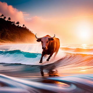 Stable Diffusion: a photorealistic bull running on top of waves toward the beach at sunset, light pink and turquoise, serene maritime themes, afro-caribbean influence, light amber and azure, documentary travel photography