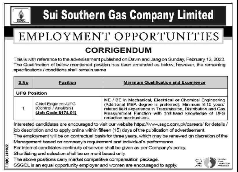 Latest Sui Southern Gas Company Limited SSGC Engineering Posts Karachi 2023