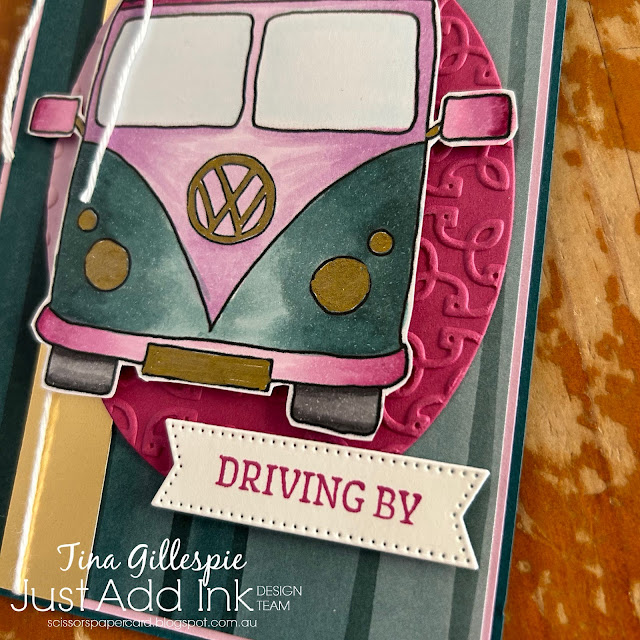 scissorspapercard, Just Add Ink, Indulgy Digi Stamp, Stampin' Up! Driving By, Bright & Beautiful DSP, Stylish Shapes Dies