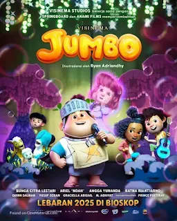 Poster Ceria Film Jumbo 2025 – Versi Bioskop Poster resmi film Jumbo (2025) yang menampilkan seluruh karakter utama dengan suasana ceria dan penuh warna.