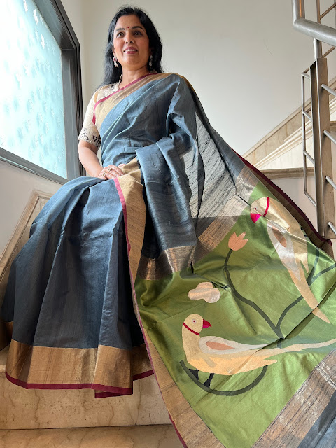 Elegance Personified: Tussar Silver Grey Paithani Saree with Silver and Gold Parrots