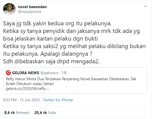 Novel Baswedan: Saya Tidak Yakin Kedua Orang itu Pelakunya