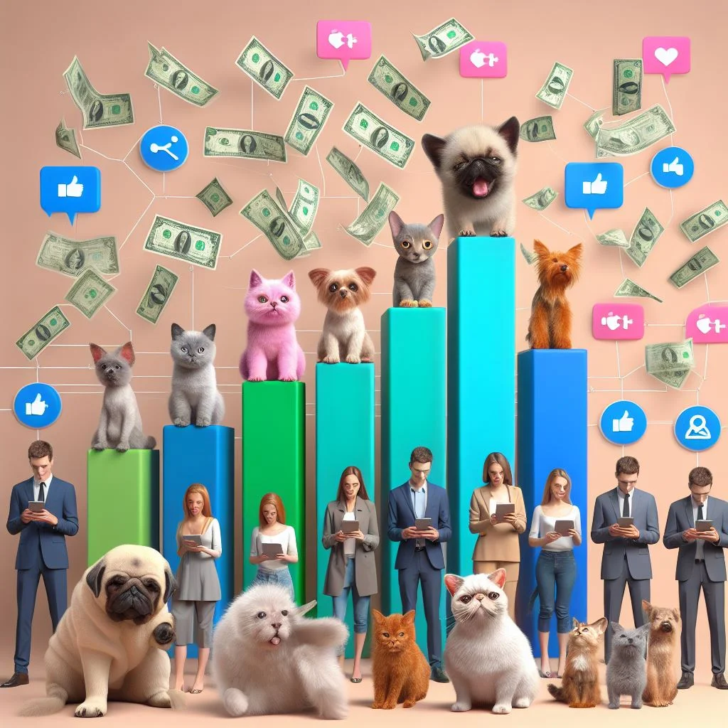 Isolated, visualizing the social media influence of high-earning pets, social media earnings, minimal backgrounds