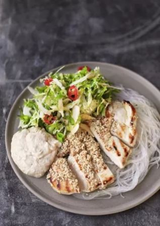 Adding a lovely bit of crunch to this simple dish, slaw ingredients Chinese cabbage and sugar snap peas are a source of vitamin C, which we need to make cell-protecting vitamin E