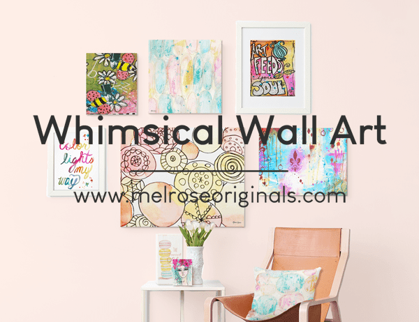 staged image of Melrose Originals art in a colorful, fun wall gallery