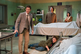 Jensen Ackles as Dean Winchester, Jared Padalecki as Sam Winchester, Aaron Paul Stewart as Dirk, Genevieve Buechner as Samantha in Supernatural 14x04 "Mint Condition"