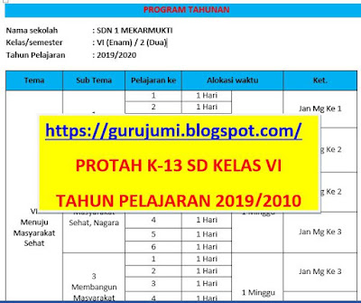 Protah Kurikulum 2013 SD Kelas 6 Sudah jadi dapat diedit, https://gurujumi.blogspot.com/