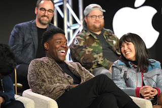 Sam Richardson, Anthony King, Executive Producer, Zoe Chao, and Paul Walter Hauser from “The Afterparty” Season 2 speaks at the Apple TV+ 2023 Winter TCA Tour at The Langham Huntington Pasadena.