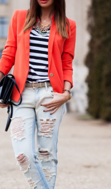Strips shirt with orange blazer and  jeans