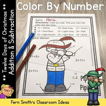 Christmas Color By Number Twelve Days of Christmas Addition & Subtraction Bundle