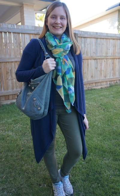 layered navy cardigan green scarf olive skinny jeans outfit with Bal day bag | away from blue